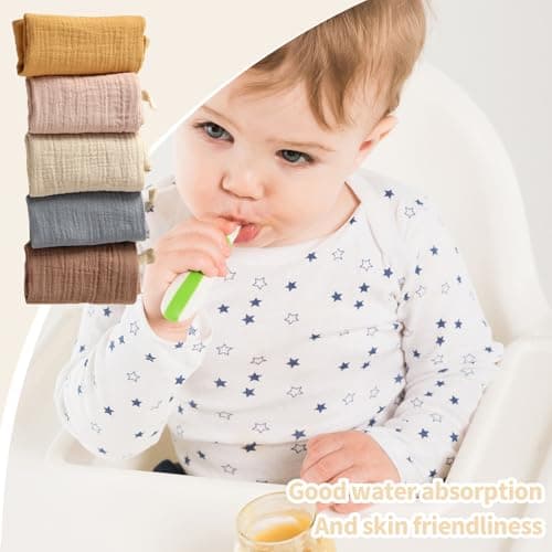 Toumett 5 Pcs Muslin Cloths for Baby, Wash Face Muslin Squares, Burp Cloths, Natural Cotton, For Newborn Baby/Boy/Girl Wiping Bathing Feeding (23x22cm) thumbnail 6