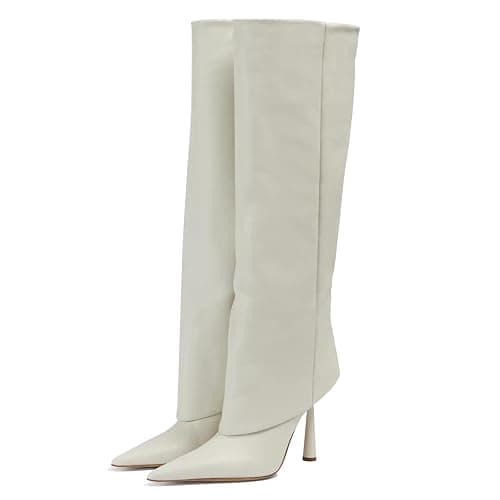 Vertundy Women's Fold Over Boots - Pointed Toe Stiletto Heel Slip On Knee High Boot Fashion Sexy Dress Boot - Image 1