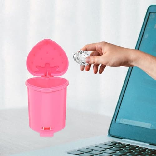 Garneck Mini Strawberry Desktop Trash can with Lid 4.13X3.54In Cute Pink Garbage Bin for Home Office Bedroom Storage and Wastepaper Organizer thumbnail 5