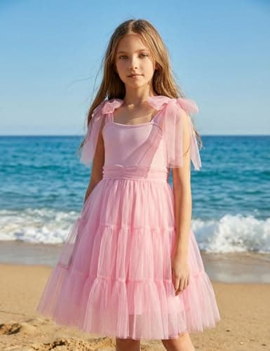 Arshiner Girls Dresses Summer Sleeveless Bow-Tie Straps Formal Fancy Party Birthday Tulle Dress Light Pink Tween 10-11 Years thumbnail 7