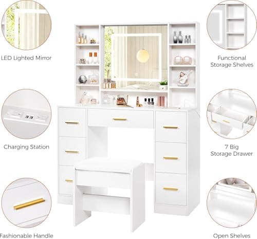 YUNSCEND White Vanity Desk with LED Lighted Mirror and Power Outlet,39.37" Makeup Vanity Table Set with 7 Drawers 6 Open Shelves 3 Color Lighting Mode Dressing Table for Women Bedroom Dressing Room thumbnail 4
