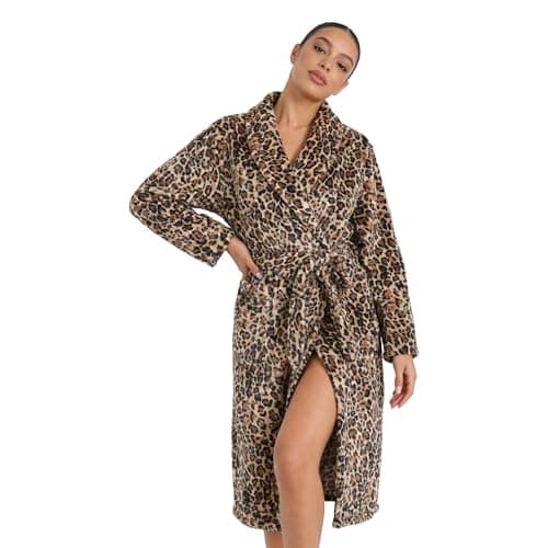 HEARTNICE Womens Fleece Robes, Soft Plush Long Bathrobe, Thick Kimono Robes for Womens, Warm House Coat（Leopard, S/M - Image 1