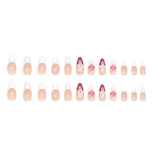 Flower Press on Nails White French Tip Fake Nails Medium Almond False Nails with Pearl Design 5D Floral Glue on Nails Glossy Artificial Acrylic Full Cover Spring Stick on Nail for Women Manicure thumbnail 4