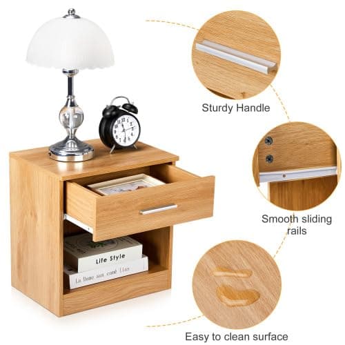 Karl home Bedside Table for Bedroom, Modern Natural End Table with 1 Drawer & Shelf, Wood Nightstand for Bedroom, End Table for Living Room near Sofa, Side Table, Metal Handle thumbnail 3