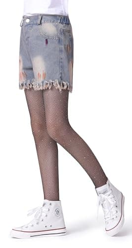 Henwarry Girls Sparkle Fishnet Stockings Children's High Waist Tights Rhinestone Hollow Out Party Pantyhose (US, Age, 7 Years, 12 Years, A01-Black) thumbnail 4