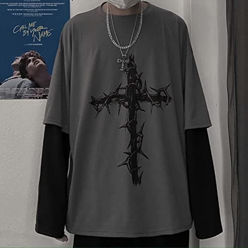 Goth Shirt Gothic Shirt Fake Two-Piece Alternative Clothing Goth Long Sleeve Top Grunge Clothes thumbnail 6