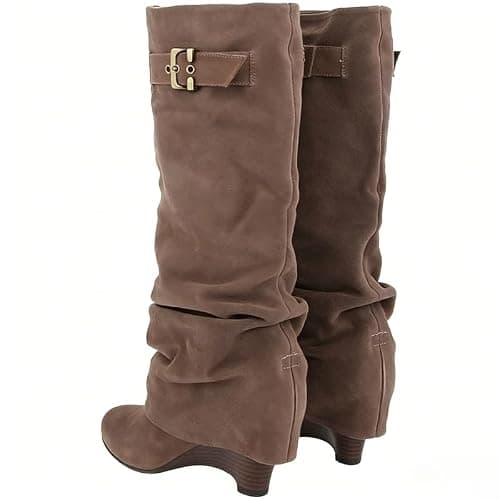 onlymakerheels Slouchy Wedge Suede Boots Fold Over Knee High Pull On High Heels thumbnail 6