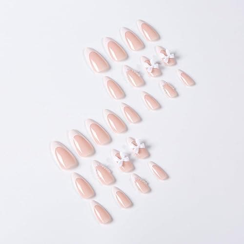 Almond Press on Nails Medium Fake Nails White French Tip False Nails with 3D Bow Charms Design Glue on Nails Pearl Full Cover Stick on Nails Elegant Artificial Nails for Women Manicure 24Pcs thumbnail 5