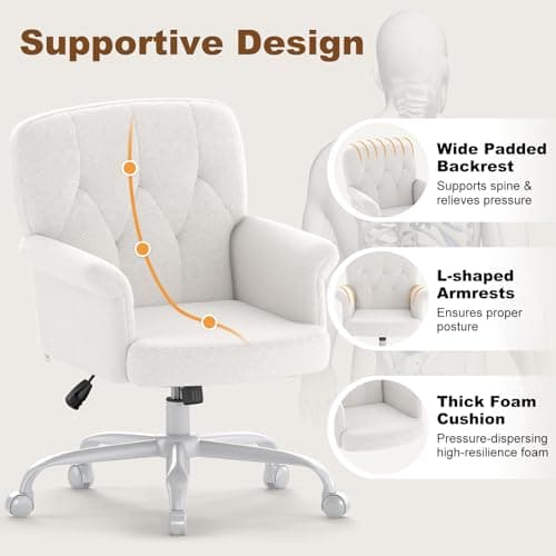 Keratee Teddy Fleece Office Chair, Comfy Home Office Desk Chair with Adjustable Height & 360° Swivel, Ergonomic Computer Chair for Long Hours, Multi-Functional Vanity/Makeup Chair, White thumbnail 4
