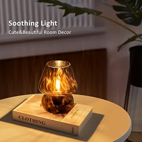 ONEWISH Mushroom Lamp Small Vintage Table Lamp for Bedroom Set of 2, Nightstand Bedside Lamp Translucent Glass Dimmable, Murano Aesthetic Home Decor for Living Room Kitchen Dorm Gift(Black) - black-2packs thumbnail 3