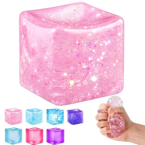 Ice Cube Squishy Fidget Toy, Slow Rise Squeeze Sensory Toy Stress Ball for Office Desk Anxiety Relief, Focus & Calm Novelty Gift for Teens - Pink Glitter - Image 1
