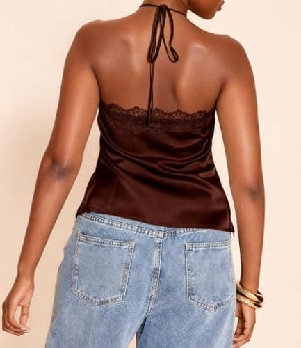 Giraropa Women Lace Trim Halter Neck Tank Top Slim Fit Silk Satin Tops | Sexy Tie Up Backless Shirt, Summer Streetwear thumbnail 2