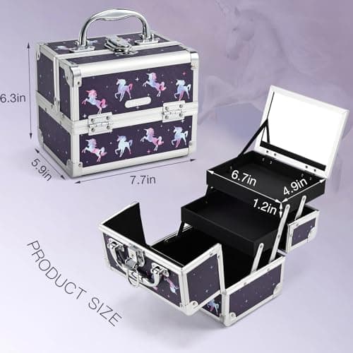 Joligrace Makeup Case for Girls Cosmetic Train Case Makeup Storage Box Jewelry Organizer Hair Accessories Lockable with Trays & Mirror Kids Gift Unicorn thumbnail 5