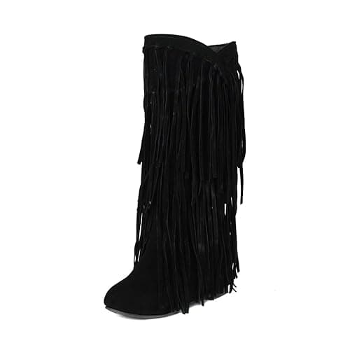 gongxifacai Womens Fringe Western Boots Fashion Hidden Heel Knee-high Boots - Image 1