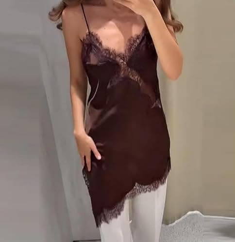 Women Lace Trim Satin Tank Top V Neck Silk Camisole Tops Asymmetrical Backless Spaghetti Strap Tank Shirts Date Outfits thumbnail 3