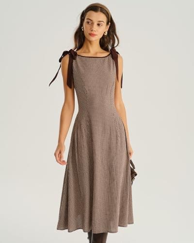 RIHOAS Women's Plaid Boat Neck A-Line Midi Dress - Casual Vintage Plaid Dress for Women thumbnail 7