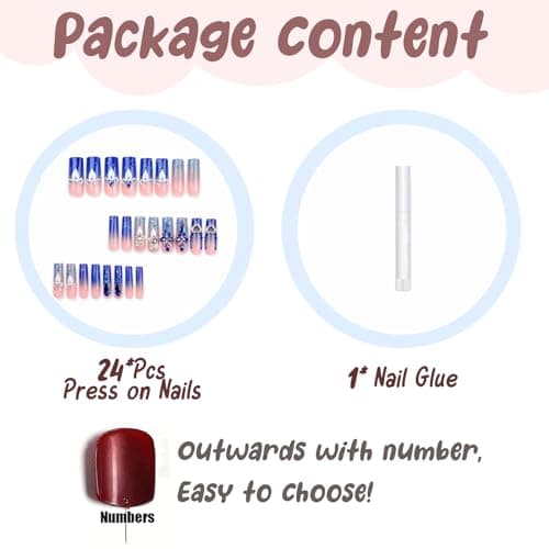BABALAL Long Square Press on Nails - Blue Fake Nails, Luxury 3D Butterfly Gold Heart Charm Bling Design Full Cover Acrylic Nails Squoval Set 24Pcs thumbnail 4