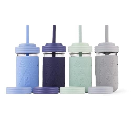 Elk and Friends Kids + Toddler Glass Cups | The Original 12oz Glass Mason Jar with Sleeves + Lids | Silicone Straws + Stopper | Smoothie Cup | Food Storage | Spill Resistant | Dishwasher Safe | 4 Pack - Image 1