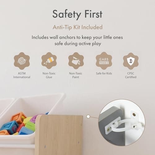 Humble Crew Toy Storage Organizer with Book Shelf and Top Shelf, 9 Removable Storage Bins for Kids Playroom, Toy Organization, Solid Wood, Natural/White thumbnail 7