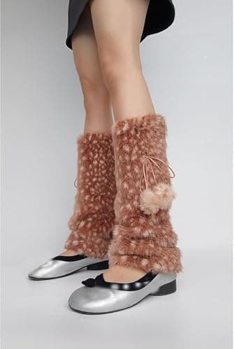 Deer Print Leg Warmers Women Faux Fur Leg Warmer Y2k Women's Brown Furry Socks Christmas Accessories Legwarmers Hats Gloves - Image 1