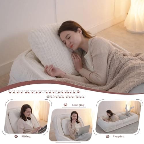 Upholstered Human Dog Bed for Adult & Pets, Convertible Lazy Sofa Bed with 5 Adjustable Position, Comfy Tatami Bean Bag Lounge Chair with 2 Soft Pillows for Bedroom Living Room Office (Ivory) thumbnail 2