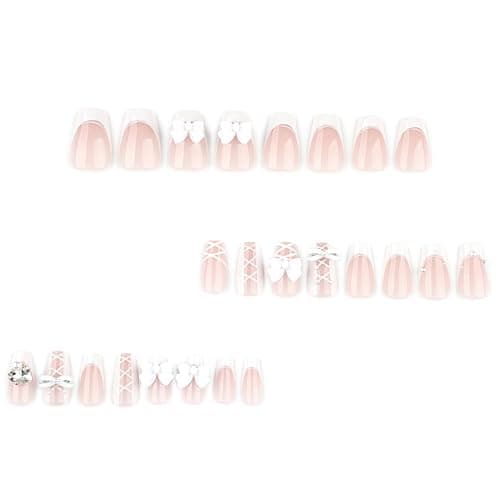 White Press on Nails Medium Coffin Fake Nails French Nails Press ons with Bow Tie Lace Design Full Cover Stick on Nails for Women Manicure,Reusable | Artificial | Nail Sticky Tabs | Easy Apply | 24Pcs thumbnail 2