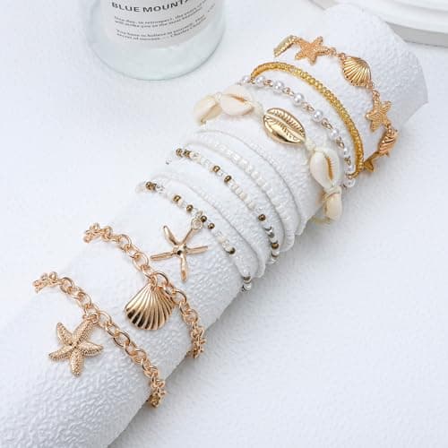 NEWITIN 29 Pieces Boho Beach Jewelry Set for Women Gold Jewelry Set Include Summer Ocean Seashell Starfish Necklaces Bracelets Rings Belt Chain Earrings for Women thumbnail 2