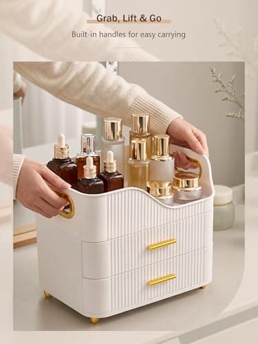 Booklov Countertop Makeup Organizer with Drawers, 3 Tier Large Cosmetic Storage Box for Vanity, Bathroom Counter, Dresser, Skincare Display Case for Lipsticks, Beauty Palettes, Teen Girl Gifts, White thumbnail 4