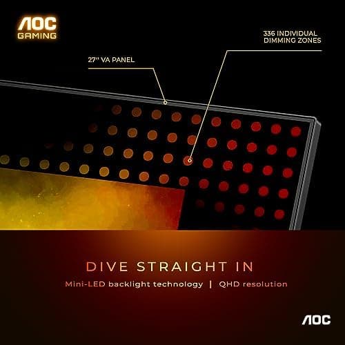 AOC 27 Inch Gaming Monitor QHD 180Hz Mini-LED HDR1000, Q27G3XMN | 3440×1440 Computer Monitor, 0.3ms, HDR400, USB 3.2, DP 1.4, HDMI 2.1, Height Adjustable Stand, Audio Out, VESA Mount thumbnail 3
