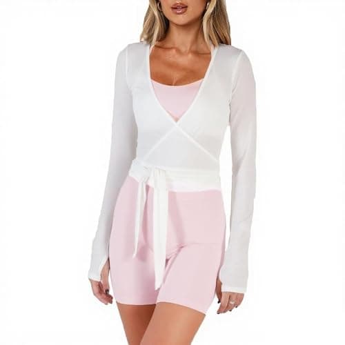 Meihuida Women Wrap Top Long Sleeve Deep V Neck Tie Workout Ballet Pilates Yoga Shirt with Thumb Holes - Image 1
