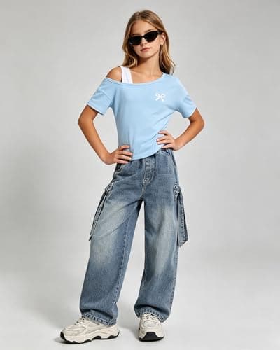 Kxuryueo Tween Girl Outfit Set One Shoulder Top & Wide Leg Denim Jeans Fashion Trendy Clothes Size 9 10 thumbnail 3