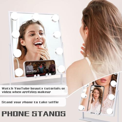 COOLJEEN Vanity Mirror with Lights and Bluetooth, Wireless Charging Lighted Vanity Mirror with Phone Stand, 9-Bulb 3 Color Lighting Tabletop Lighted Makeup Mirror, 360°Rotation - C-white-speaker & Wireless Charging-9 Bulbs thumbnail 4