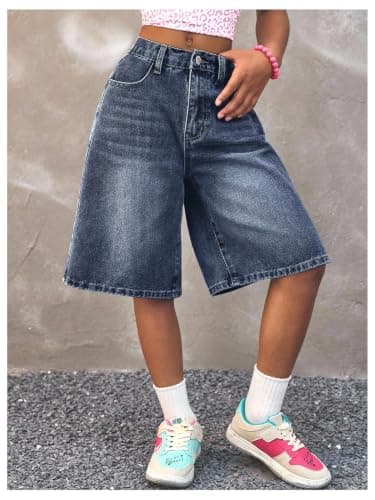 OYOANGLE Girl's Baggy Jorts Bermuda Denim Shorts Loose Elastic Waist Wide Leg Jean Shorts Dark Wash 9 Years thumbnail 2