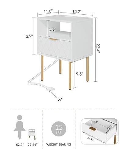 AEPOALUA Nightstand,Small Bedside Table with Gold Frame,Morden Night Stand with 1Drawer,End Table,Side Table with Drawer and Shelf for Bedroom,Living Room (Black,Outlet) thumbnail 2