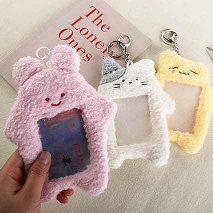 2Pcs Cute Plush Photocard Holder with Keychain, Cartoon Rabbit Cat Photo Sleeve Cartoon Plush Photo Sleeve Protective Case Photo Albums, Frames Accessories (Pink+White) thumbnail 2