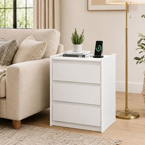 FurniXpress 24" Tall Nightstand with Charging Station Including USB-C, Modern Bedside Table and Sofa End Table - White, 3 Drawers, 1-Pack thumbnail 9