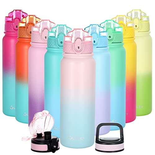 Oldley Insulated Water Bottle with Straw 20oz Stainless Steel Water Bottles with 3 lids Double-Wall Vacuum Thermal for Kids Adults School Sports, Pink-Blue - Image 1