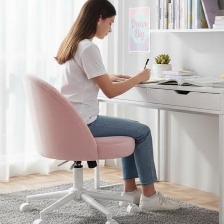 EnHomee Vanity Chair with Wheels, Pink Desk Chair with Back, Small Office Chair Armless for Makeup Room, Bedroom, Home Office thumbnail 6