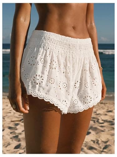 MakeMeChic Women's Beach Cover Up Shorts Summer Vacation Eyelet Scalloped Boho Mini Shorts White Small thumbnail 5