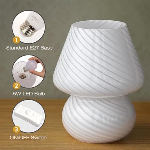 Clora Mushroom Lamp Glass Table Bedside Lamps Translucent Vintage Style Striped Night Light Home Decor (White) thumbnail 2