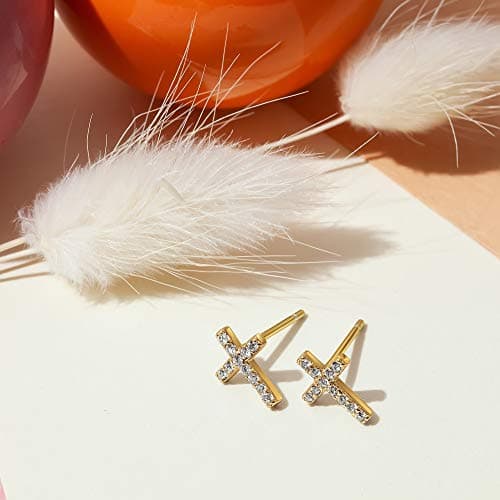 PAVOI 14K Yellow Gold Plated 925 Sterling Silver Earrings | Pave CZ Yellow Gold Cross Earrings for Women thumbnail 5