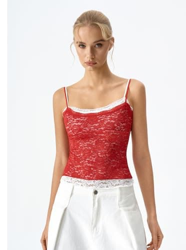 QINSEN Two-Tone Double Layer Lace Cami Tank for Women Scoop Neck Spaghetti Straps Sleeveless Camisole Shirts Red L thumbnail 3