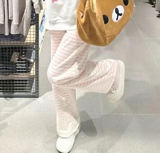 Y2K Women Kawaii Sweet Striped Pants Cute Harajuku Fleece Sports Sweatpants Casual Basic Cartoon Japanese Trousers thumbnail 2