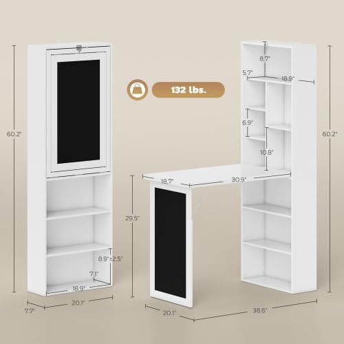 Zentrava Foldable Wall Mounted Desk with Storage Shelves, Fold Out Convertible Computer Table with Blackboard, Folding Writing Table Workstation for Small Spaces,Home Office (White) thumbnail 2