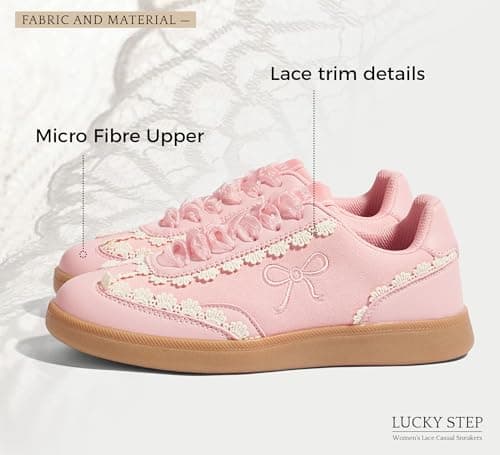 LUCKY STEP Women’s Lace Detail Casual Sneakers Organza Ribbon Lace-Up Fashion Vintage Gum Sole Trendy Cute Shoes(Pink,8) thumbnail 4
