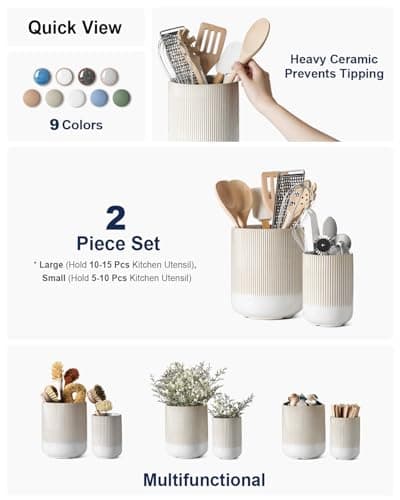 LE TAUCI Utensil Holder for Kitchen Counter, 7.3"+5.4" Fluted Ceramic Utensil Crock Organizer for Countertop, Heavy Large Holder for Spatulas, Spoons, Set of 2, Warm White Glaze thumbnail 2