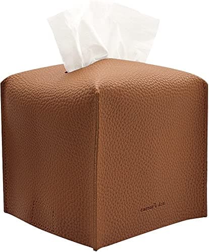 Tissue Box Cover Holder, Square with Bottom Belt by Carrot's Den - PU Leather Decorative Organizer for Tabletop, Bathroom, Car, Office | Camel - Image 1