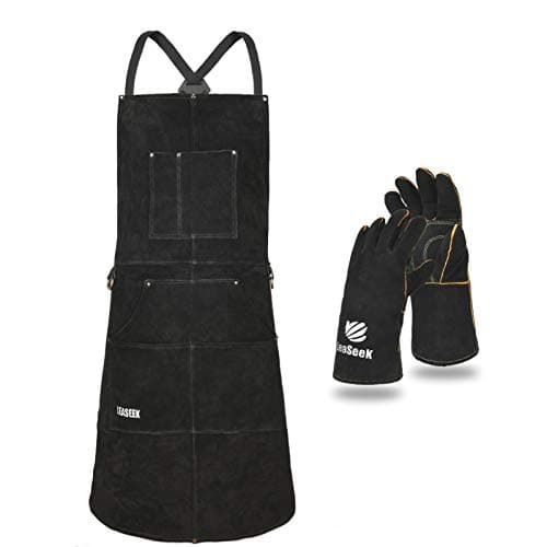 LeaSeek Leather Welding Apron,Heat & Flame-Resistant Heavy Duty Work Apron with 6 Pockets,Woodworking Apron - Image 1