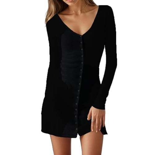 Naileksi Women Elegant Button Front A-Line Mini Dress Sexy Long Sleeve V Neck Skinny Solid Ribbed Knit Flare Short Dress - Image 1