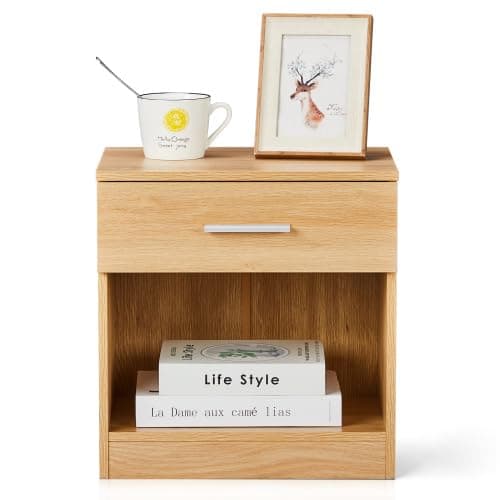 Karl home Bedside Table for Bedroom, Modern Natural End Table with 1 Drawer & Shelf, Wood Nightstand for Bedroom, End Table for Living Room near Sofa, Side Table, Metal Handle thumbnail 7